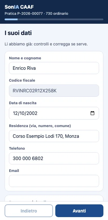La scheda del cittadino dal telefono, già preimpostata coi dati del CAF