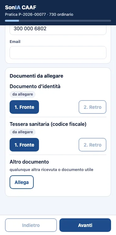 I documenti da allegare con i tasti Fronte e Retro