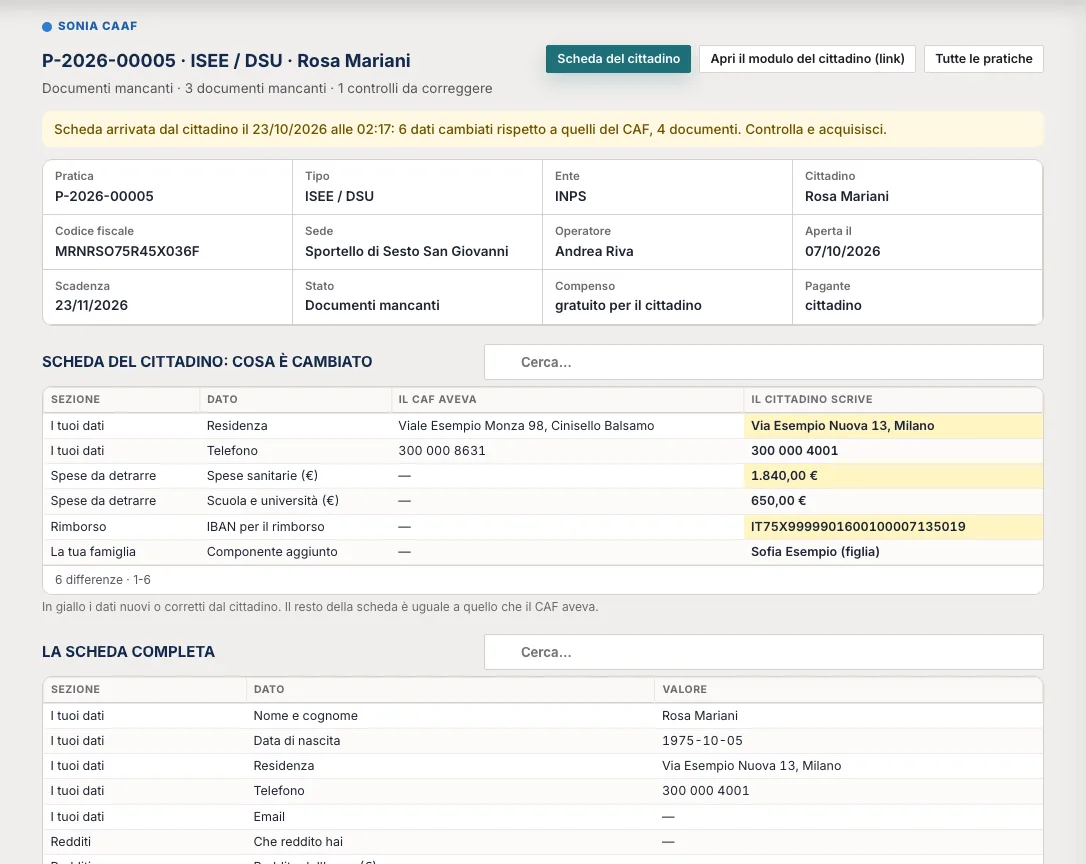 La pratica con la scheda inviata dal cittadino, le differenze evidenziate e i documenti letti